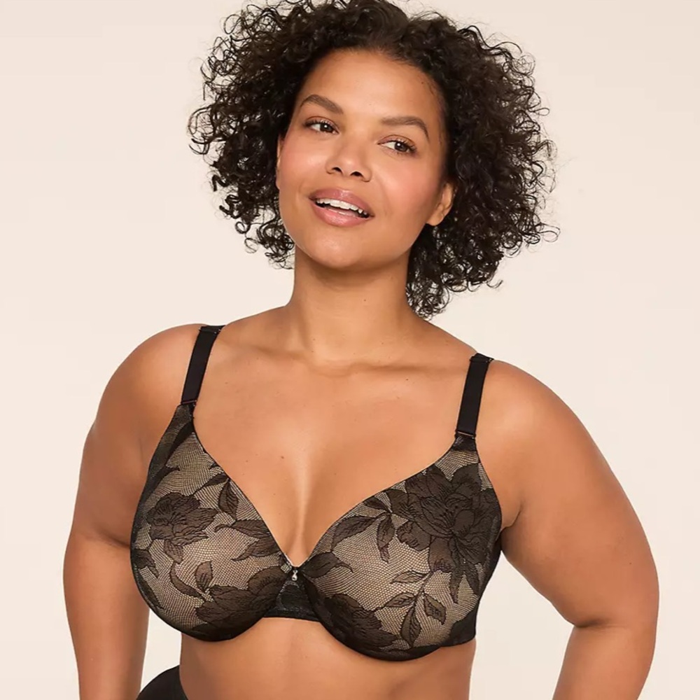 Cacique Invisible Lace Back Smoother Lightly Lined Full Coverage Black Bra 40D